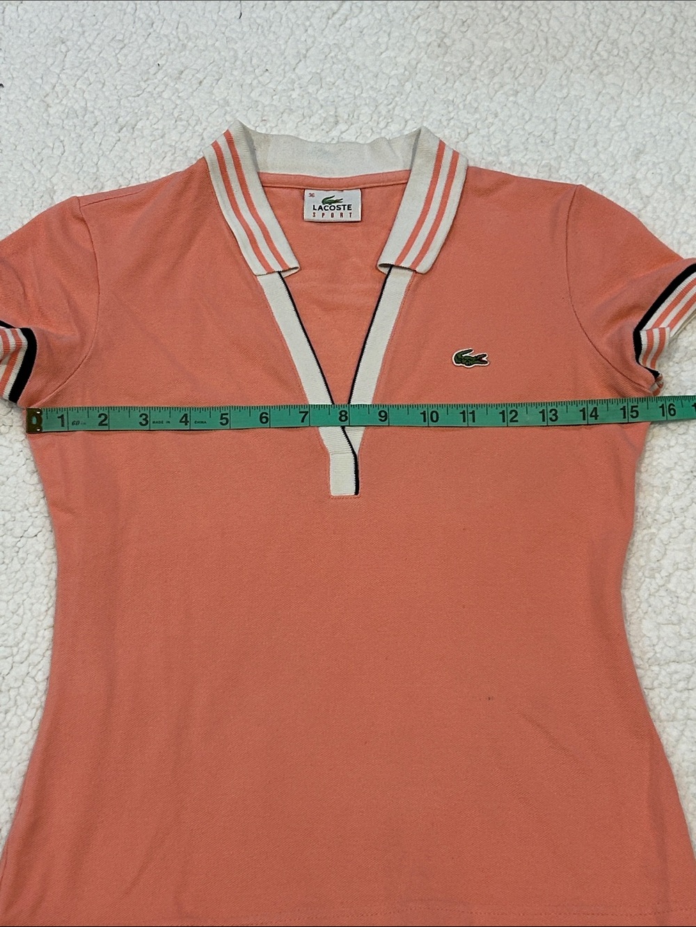 Lacoste Coral Pink Deep V-Neck fitted Polo Shirt Small Striped Collar & Sleeves - Picture 13 of 16